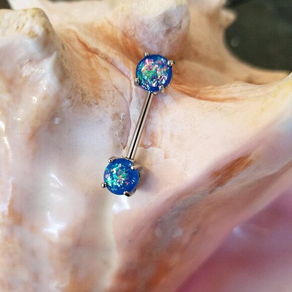 Blue glitter synthetic opal nipple bars 14G NWT externally threaded Pair - Picture 2 of 2